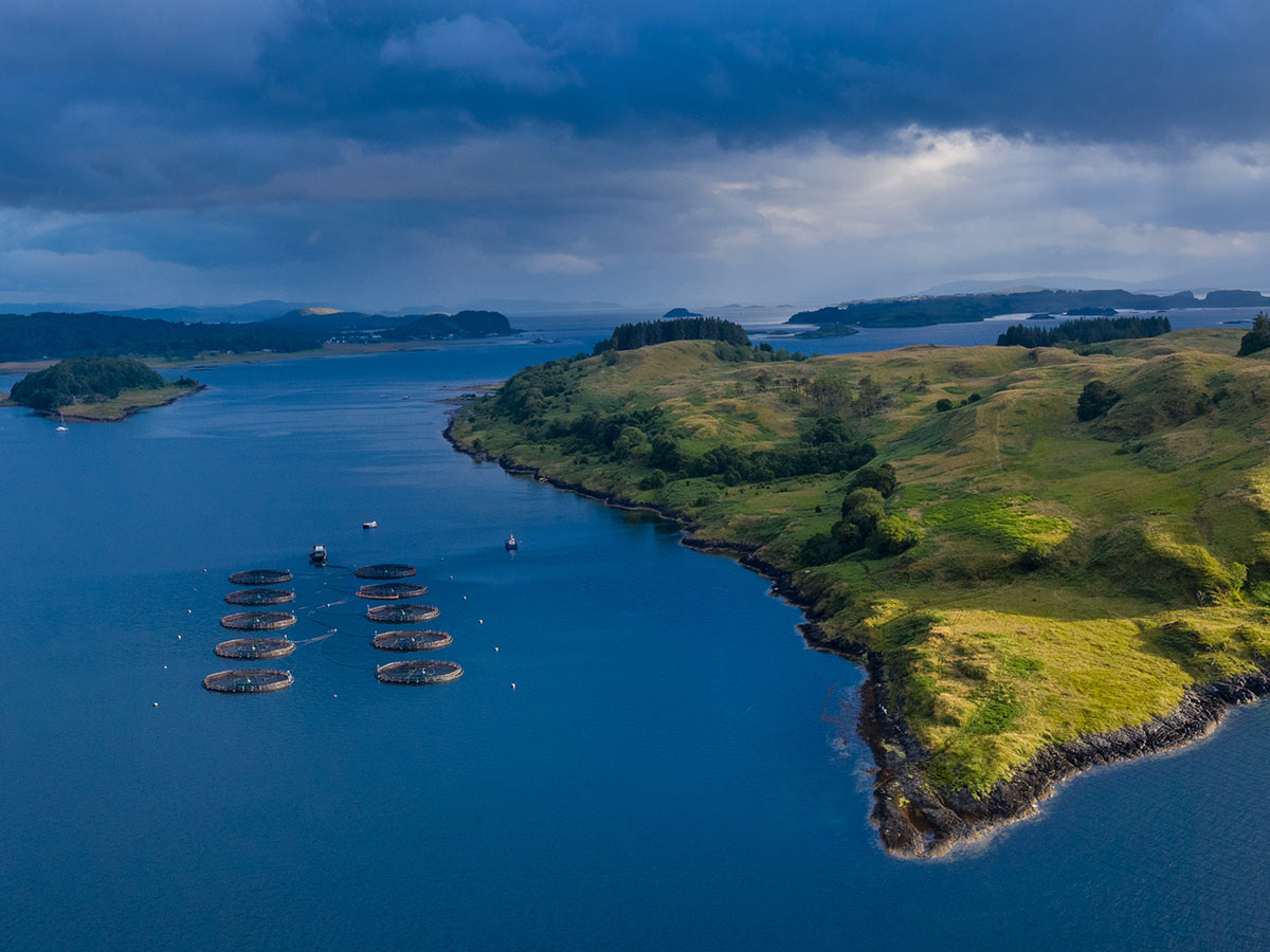 a fish farm on a sea loch